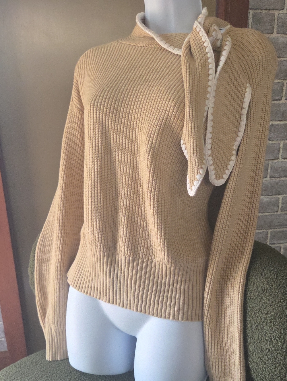 LOFT Contrast Stitch Tie Neck Sweater